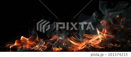 A macro close-up of a fiery flame with sparks and smoke against a black background, creating an abstract pattern. AI Generative A macro close-up of a fiery flame with sparks and smoke against a black background, creating an abstract pattern. AI Generative 101374215
