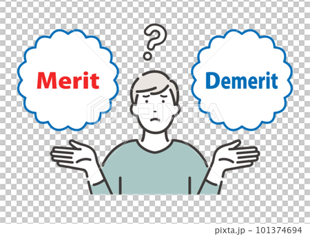 Merit / Demerit:メリットとデメリットを比べて悩む若い男性 Merit / Demerit:メリットとデメリットを比べて悩む若い男性 101374694