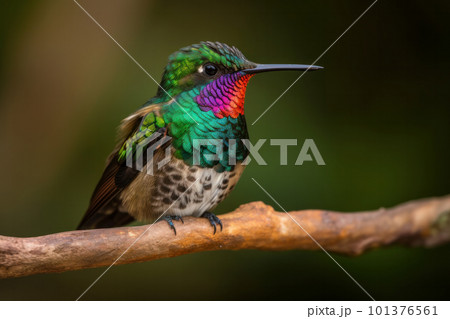 Hummingbird perched on a branch in a green garden, surrounded by colorful flowers and foliage. AI Generative 101376561