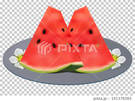 "Red small ball watermelon cut into triangles" served on a plate Two slices Gray plate Floral pattern 101376565