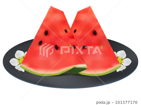 お皿に盛られた「三角形にカットした赤色の小玉スイカ」二切れ  青皿  花柄 101377170