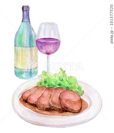 ワインとローストビーフのセット 水彩イラスト ワインとローストビーフのセット 水彩イラスト 101377520