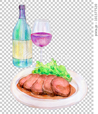 ワインとローストビーフのセット 水彩イラスト ワインとローストビーフのセット 水彩イラスト 101377520