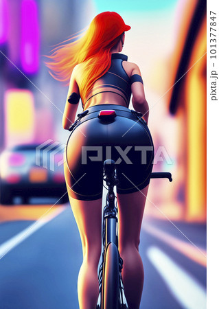 Graphic back view of red haired woman riding a bicycle with narrow saddle on the side of a road, made with generative ai 101377847