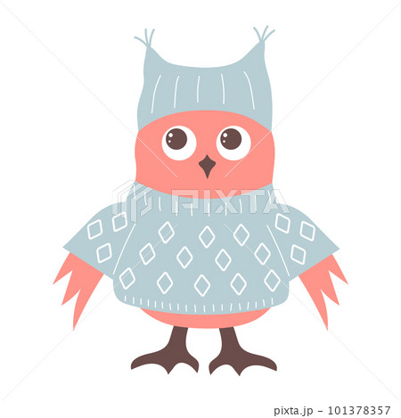 Cute funny silly owl in sweater and a hat. Forest bird cartoon character. 101378357