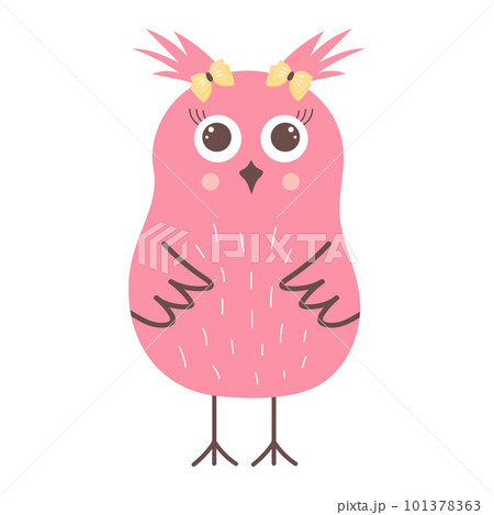 Cute funny pink owl with bows. Forest bird cartoon character. Cute funny pink owl with bows. Forest bird cartoon character. 101378363