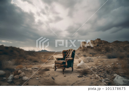 A solitary chair stands amidst the endless expanse of the desert landscape, evoking feelings of solitude and mystery. This stunning image is AI generative. 101378675