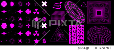 Wireframe 3D shapes in trendy retro cyberpunk 80s 90s style. Y2k