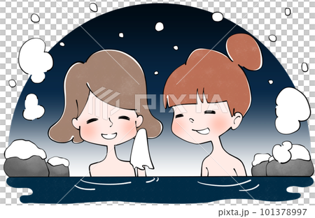 雪が降る夜　露天風呂に入る女性 101378997