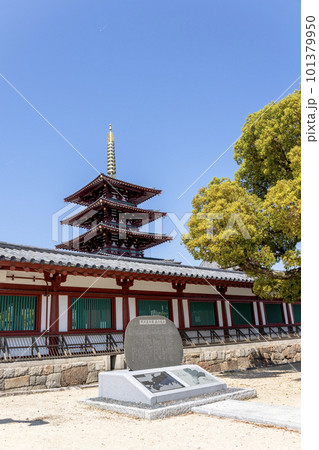 大阪・四天王寺の野沢菜伝来の記念碑と五重塔（2023年4月4日撮影） 101379950
