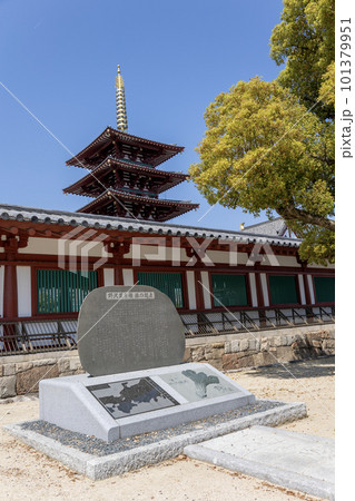 大阪・四天王寺の野沢菜伝来の記念碑と五重塔（2023年4月4日撮影） 101379951