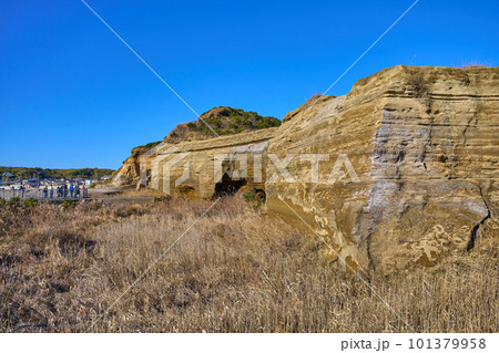 千葉県銚子市潮見町の銚子マリーナ海水浴場付近の遊歩道から屏風ヶ浦を見る 101379958