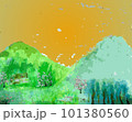 幻想的な自然の風景とカラフルな水彩のグラデーションの背景イラスト 101380560