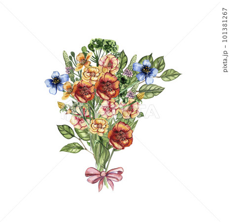 Spring flowers bouquet,watercolor illustration for cards,backgrounds. Watercolor illustration for scrapbooking.Cartoon hand drawn background with flower for kids design.Perfect for wedding invitation. 101381267