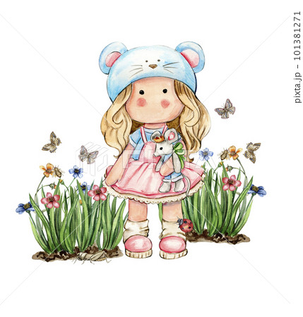 Spring flowers composition with a cute Tilda doll, watercolor illustration for cards, backgrounds,scrapbooking.Cartoon hand drawn background with flower for kids design.Perfect for wedding invitation. 101381271
