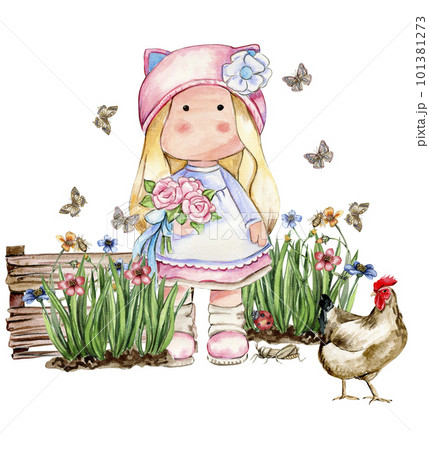 Spring flowers composition with a cute Tilda doll, watercolor illustration for cards, backgrounds,scrapbooking.Cartoon hand drawn background with flower for kids design.Perfect for wedding invitation. 101381273