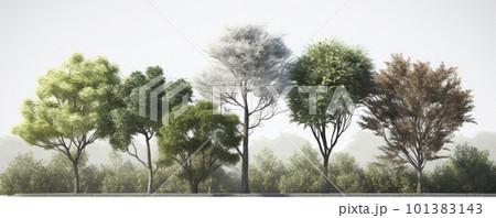 A scenic panorama of a tree-lined horizon with a clear blue sky and white clouds isolated on white. AI Generative. A scenic panorama of a tree-lined horizon with a clear blue sky and white clouds isolated on white. AI Generative. 101383143