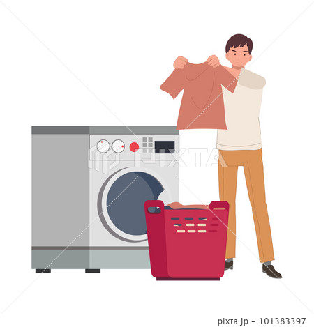 Laundry concept. a man is washing clothes, doing laundey with Modern washing machine. Flat vector cartoon illustration. 101383397