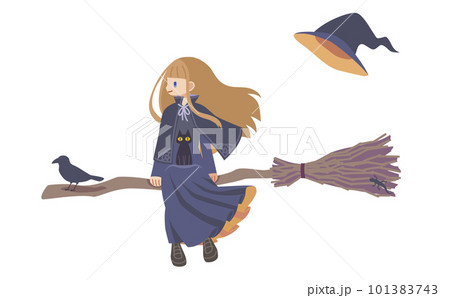 使い魔を連れて箒で空を飛ぶ魔女のイラスト素材 [101383743] - PIXTA