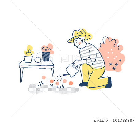 庭の植物に水を与えているシニア男性 庭の植物に水を与えているシニア男性 101383887