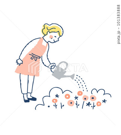 庭の植物に水を与えているシニア女性 101383888