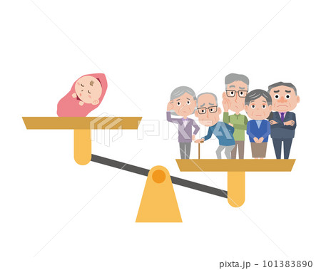 高齢者と赤ちゃんが秤にのっている少子高齢化イラスト 高齢者と赤ちゃんが秤にのっている少子高齢化イラスト 101383890