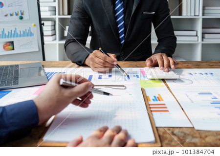 Business team discuss and research and making project strategy, finance, analysis, teamwork, plan, meeting concept 101384704