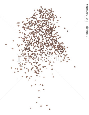 Clay Drainage tiny size ball pour fall down, explosion in air. Clay Drainage ball splash in shape form line floating. White background isolated high speed shutter freeze motion 101384863
