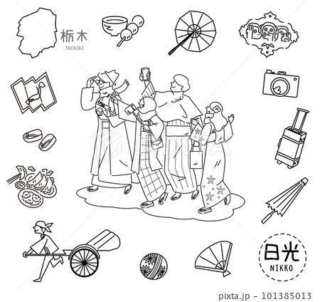 日本の栃木県の日光の名物観光のアイコンと人物のセット(線画白黒) 日本の栃木県の日光の名物観光のアイコンと人物のセット(線画白黒) 101385013