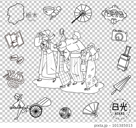 A set of icons and people of Nikko's specialty sightseeing in Tochigi Prefecture, Japan (line drawing black and white) 101385013