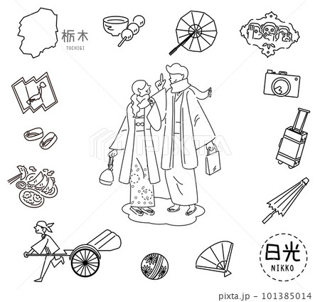日本の栃木県の日光の名物観光のアイコンと着物のカップルのセット（線画白黒） 101385014
