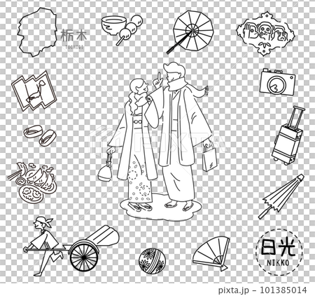 日本の栃木県の日光の名物観光のアイコンと着物のカップルのセット（線画白黒） 101385014
