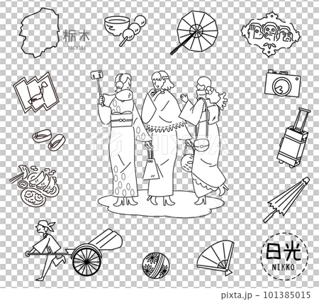 日本の栃木県の日光の名物観光のアイコンと着物の女友達のセット(線画白黒) 日本の栃木県の日光の名物観光のアイコンと着物の女友達のセット(線画白黒) 101385015
