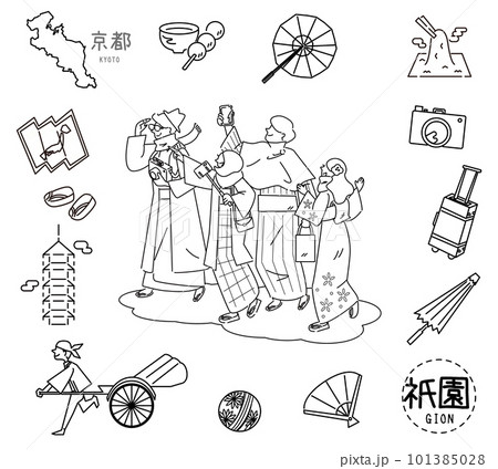 日本の京都の祇園の名物観光のアイコンと着物を着た外国からの観光客のセット(線画白黒) 日本の京都の祇園の名物観光のアイコンと着物を着た外国からの観光客のセット(線画白黒) 101385028