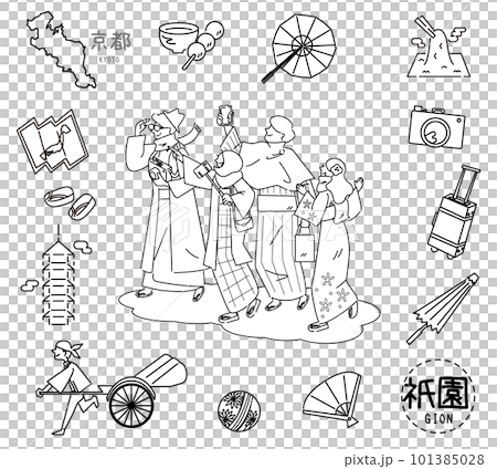日本の京都の祇園の名物観光のアイコンと着物を着た外国からの観光客のセット(線画白黒) 日本の京都の祇園の名物観光のアイコンと着物を着た外国からの観光客のセット(線画白黒) 101385028