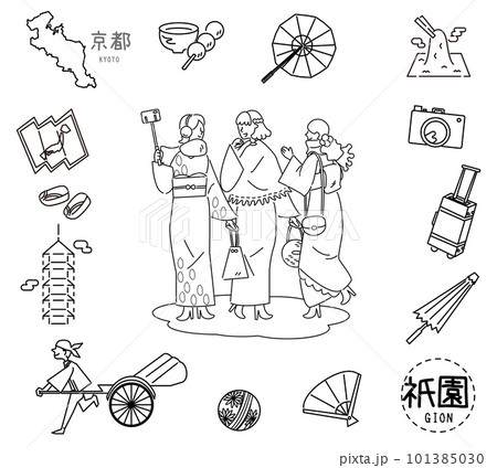 日本の京都の祇園の名物観光のアイコンと着物の女友達のセット(線画白黒) 日本の京都の祇園の名物観光のアイコンと着物の女友達のセット(線画白黒) 101385030
