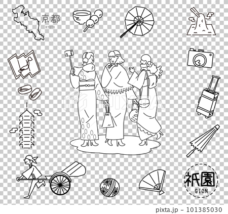 日本の京都の祇園の名物観光のアイコンと着物の女友達のセット（線画白黒） 101385030