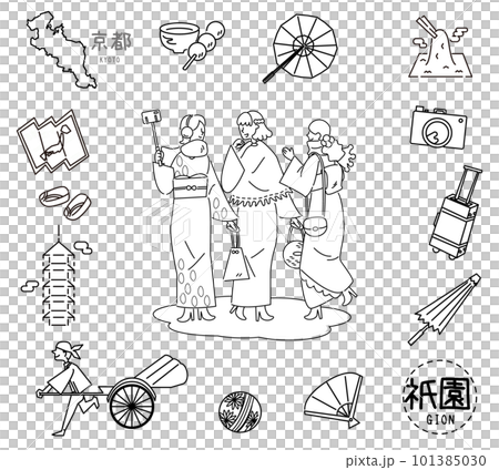日本の京都の祇園の名物観光のアイコンと着物の女友達のセット(線画白黒) 日本の京都の祇園の名物観光のアイコンと着物の女友達のセット(線画白黒) 101385030