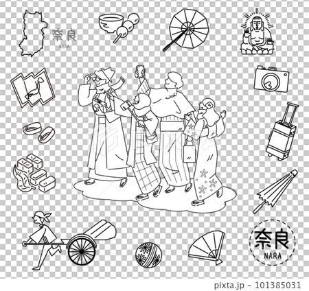 一組奈良在日本著名的觀光和穿著和服的外國遊客的圖標(黑白線描) 一組奈良在日本著名的觀光和穿著和服的外國遊客的圖標(黑白線描) 101385031
