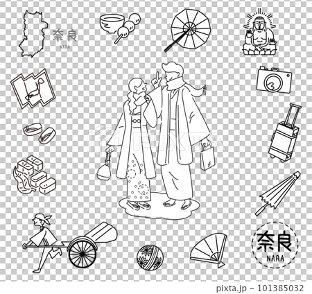 一套日本奈良特產觀光圖標和和服情侶(黑白線描) 一套日本奈良特產觀光圖標和和服情侶(黑白線描) 101385032