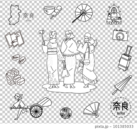 日本奈良特產觀光圖標和和服女性朋友一套(線描黑白) 日本奈良特產觀光圖標和和服女性朋友一套(線描黑白) 101385033