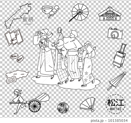 A set of foreign tourists wearing kimono and icons of Matsue in Shimane, Japan (line drawing black and white) A set of foreign tourists wearing kimono and icons of Matsue in Shimane, Japan (line drawing black and white) 101385034