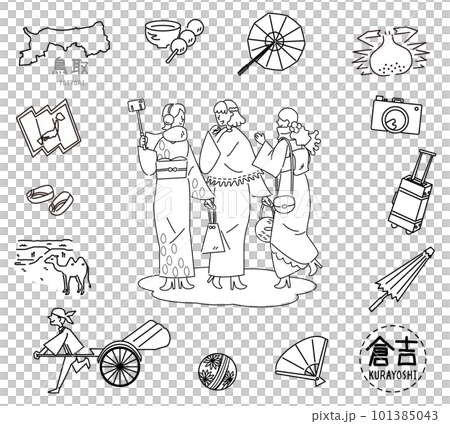 日本の鳥取の倉吉の名物観光のアイコンと着物の女友達のセット(線画白黒) 日本の鳥取の倉吉の名物観光のアイコンと着物の女友達のセット(線画白黒) 101385043