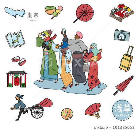 日本の東京の名物観光のアイコンと外国からの観光客のセット（線画） 101385053