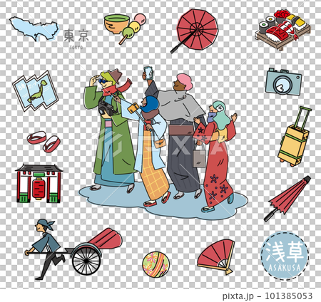 日本の東京の名物観光のアイコンと外国からの観光客のセット（線画） 101385053