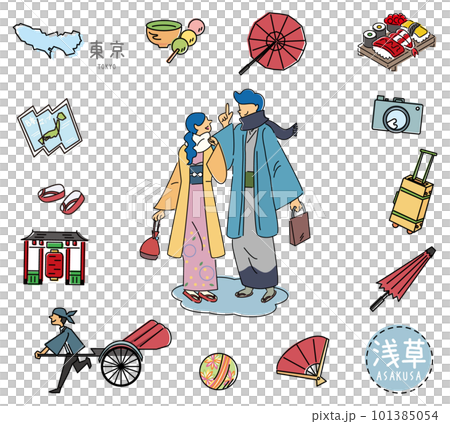 日本東京著名觀光地圖標和服情侶套裝(線描) 日本東京著名觀光地圖標和服情侶套裝(線描) 101385054