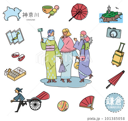 日本の神奈川の鎌倉の名物観光のアイコンと着物の女友達のセット（線画） 101385058