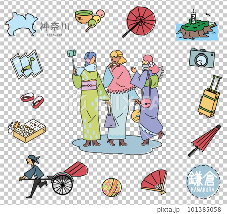 日本の神奈川の鎌倉の名物観光のアイコンと着物の女友達のセット（線画） 101385058