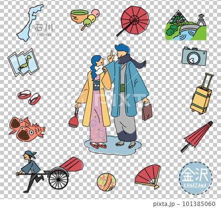 日本石川縣金澤著名觀光地圖標的一對和服情侶（線描） 101385060