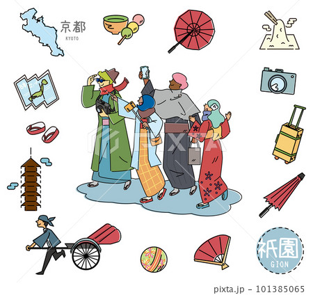 日本の京都の祇園の名物観光のアイコンと着物を着た外国からの観光客のセット(線画) 日本の京都の祇園の名物観光のアイコンと着物を着た外国からの観光客のセット(線画) 101385065